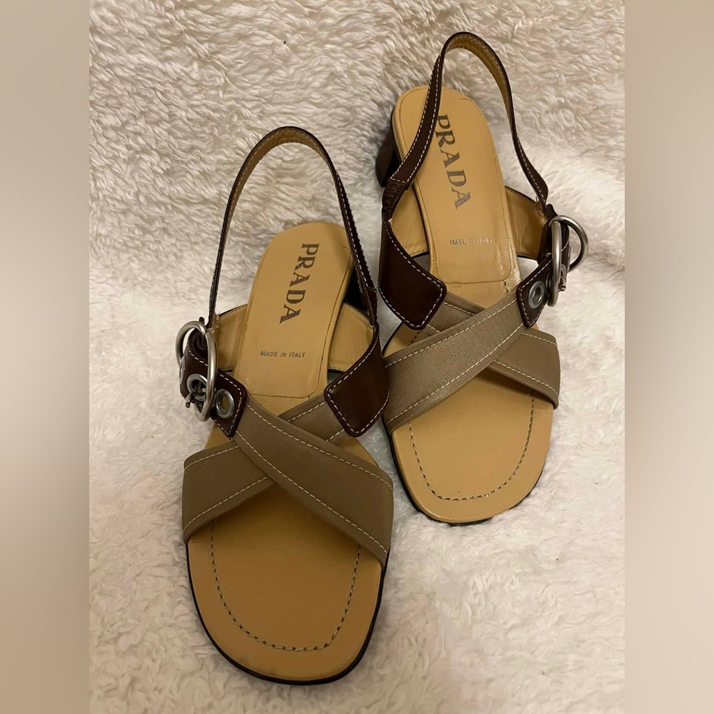 PRADA Brushed Leather and Canvas Sandals with Buckle Women's Size 36.5 Excellent